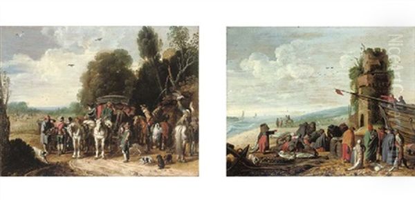 A Hunting Party With A Horse-drawn Carriage In A Wooded Landscape (+ Fisherfolk Inspecting Their Catch On A Beach; Pair) Oil Painting by Govert (Mynheer) Jansz