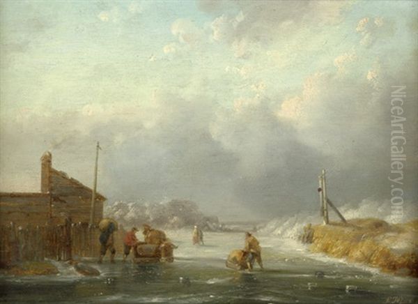 Winterliche Flusslandschaft Mit Pferdeschlitten Oil Painting by Philipp Janz