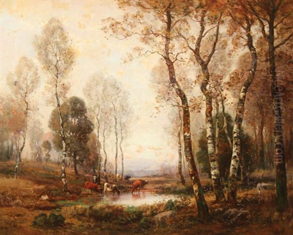 Bucolic Wooded Landscape With Cattle Watering Oil Painting by Louis Aime Japy