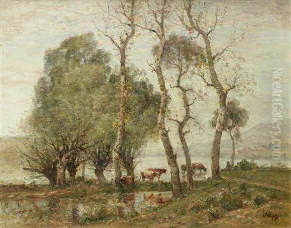 Cows In A Landscape Oil Painting by Louis Aime Japy