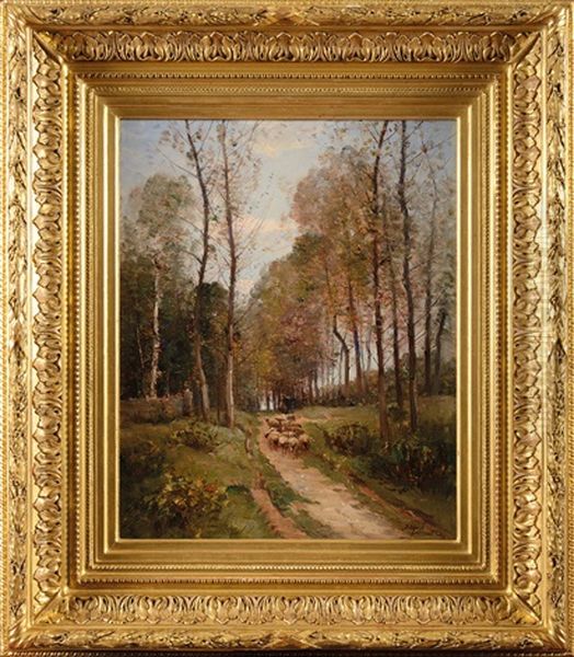 Berger Et Son Troupeau En Foret Oil Painting by Louis Aime Japy