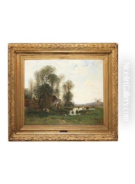 Paysage A La Mare Et Aux Chevaux Oil Painting by Louis Aime Japy