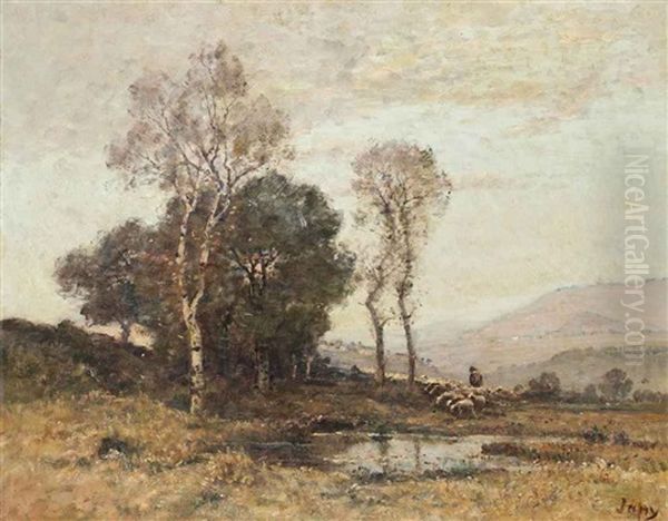 A Shepherd Tending To His Flock By A Pool Oil Painting by Louis Aime Japy