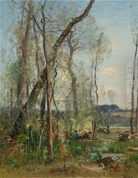 Laubwald Am Fluss Mit Holzfaller Oil Painting by Louis Aime Japy