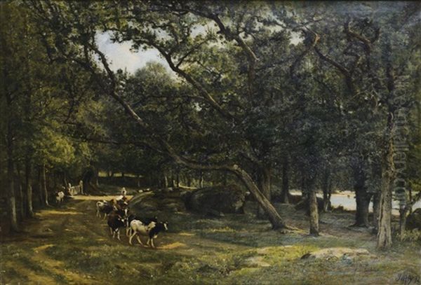 Troupeau De Vaches Sur Un Chemin Oil Painting by Louis Aime Japy