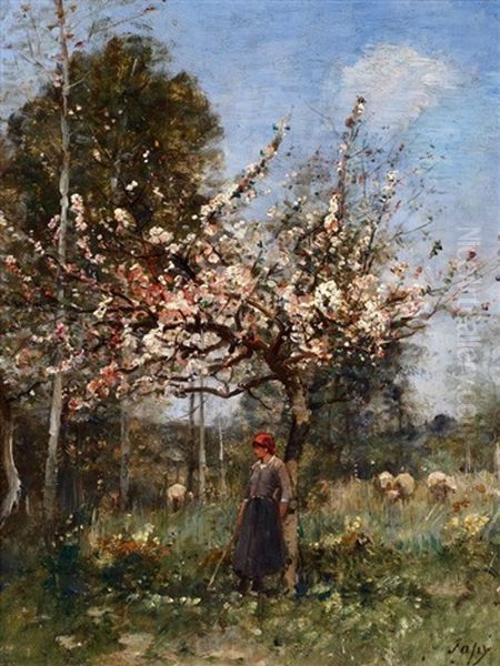 Schaferin Im Fruhling Unter Einem Bluhenden Apfelbaum Oil Painting by Louis Aime Japy