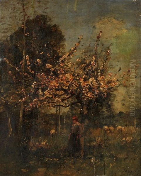 Bergere Sous Un Pommier En Fleurs Oil Painting by Louis Aime Japy