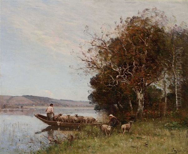 Schafhirten Mit Ihrer Herde In Einem Kahn Am Ufer Oil Painting by Louis Aime Japy