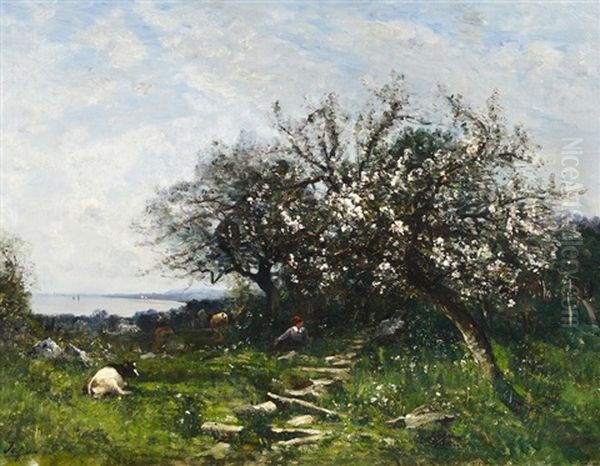 Bluhender Obstgarten. Links Ein Ausblick Auf Einen See Oil Painting by Louis Aime Japy