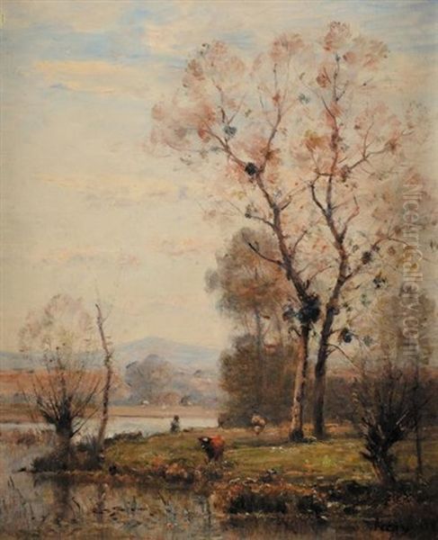 Fermiere Et Vaches En Bord De Riviere Oil Painting by Louis Aime Japy