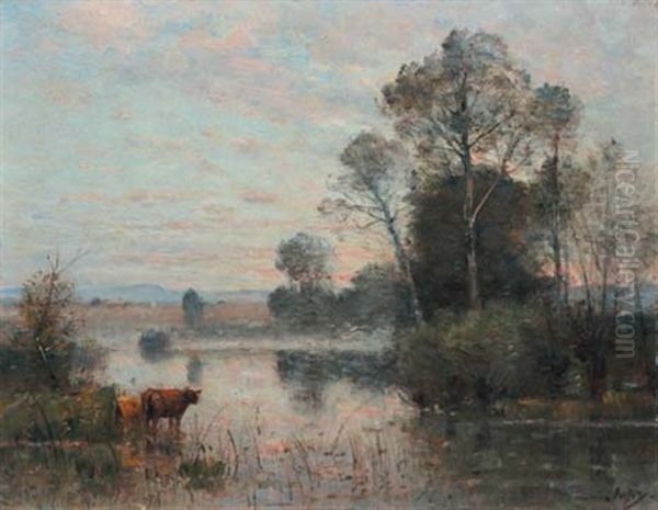 Vaches Au Bord De L'etang by Louis Aime Japy