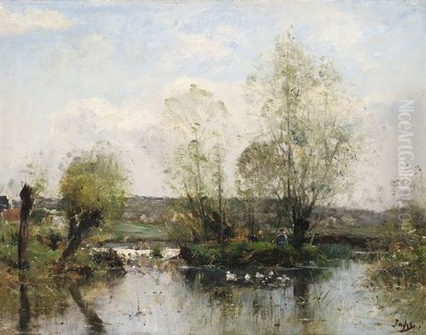 Sommerliche Landschaft Mit Einem Weiher Am Dorfrand Oil Painting by Louis Aime Japy