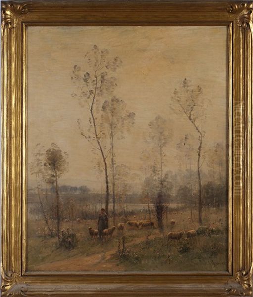 Landscape With Shepherdess And Flock Near A Wooded Pond Oil Painting by Louis Aime Japy