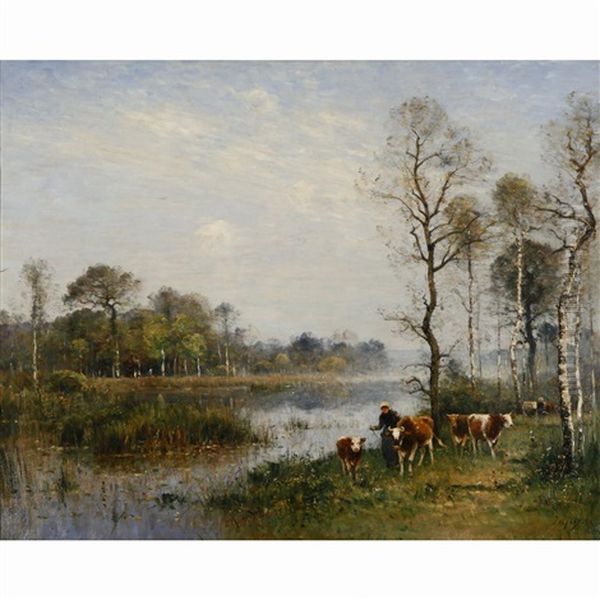 Herd Of Cows And A Farmer Oil Painting by Louis Aime Japy