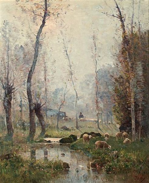 Sheep And Shepherd In A Misty Landscape Oil Painting by Louis Aime Japy