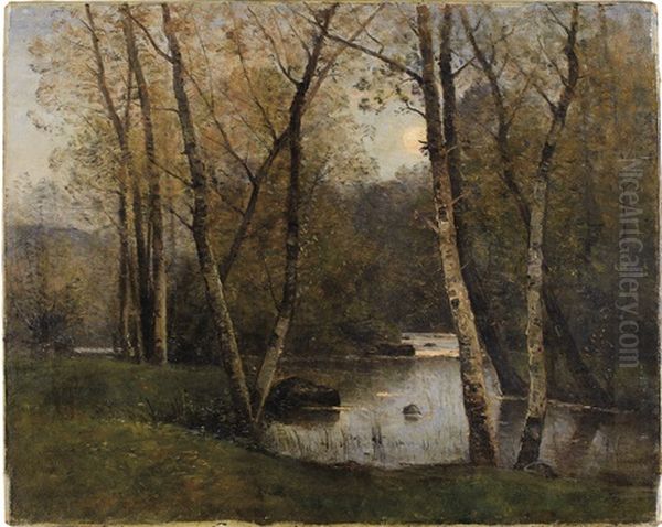 River Landscape With Birch Trees Oil Painting by Louis Aime Japy