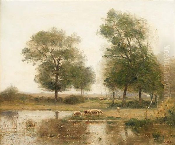 Troupeau Au Bord De L'etang Oil Painting by Louis Aime Japy