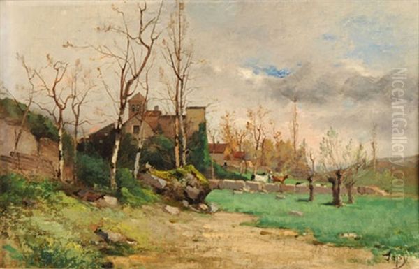 Landschaft Mit Bauernhaus Und Weidenden Kuhen Oil Painting by Louis Aime Japy