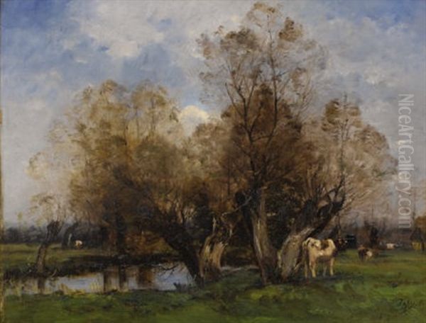 Cattle Grazing By A Pond Oil Painting by Louis Aime Japy