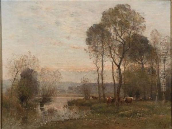 Twilight Landscape With Cattle Grazing Oil Painting by Louis Aime Japy