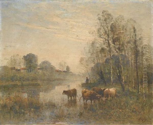 Troupeau Au Bord De La Riviere Oil Painting by Louis Aime Japy