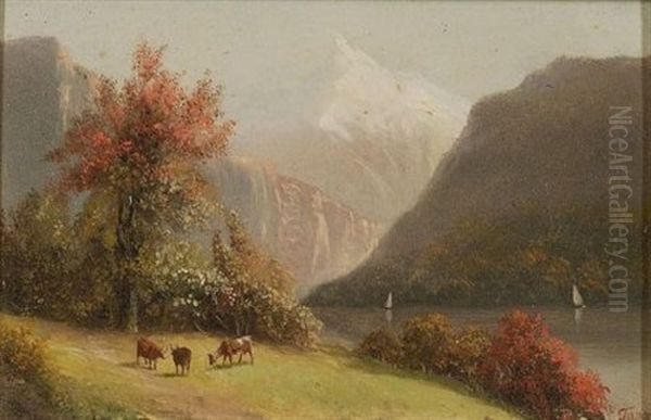 Mountain Landscape With Cattle (+ Another, Similar; 2 Works) Oil Painting by Louis Aime Japy