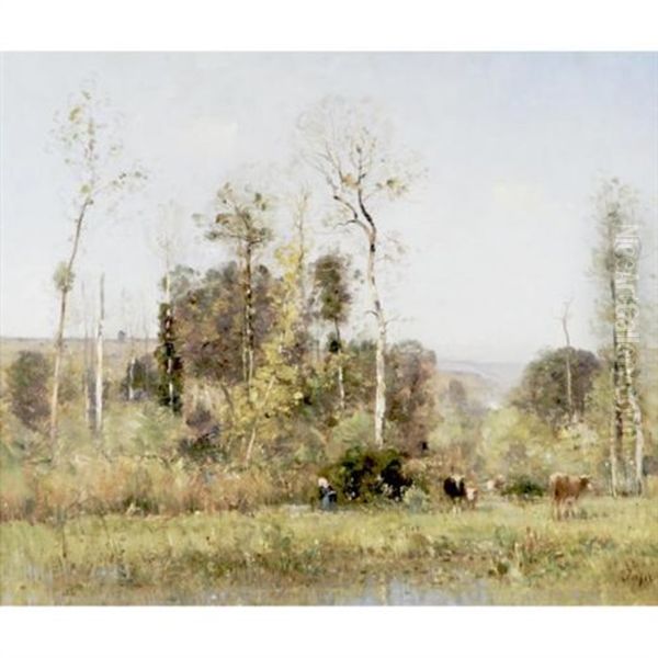 Cattle Grazing By A Pond Oil Painting by Louis Aime Japy