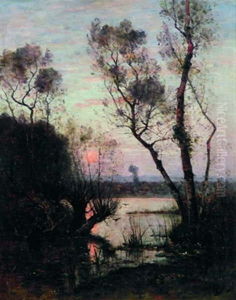 Soleil Rouge Sur L'etang Oil Painting by Louis Aime Japy