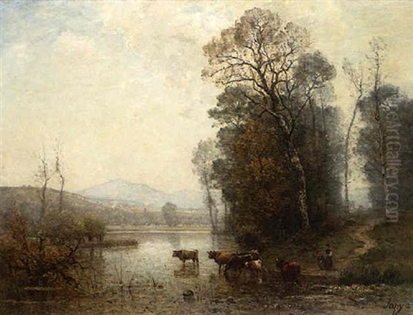 A Landscape With Cows Oil Painting by Louis Aime Japy