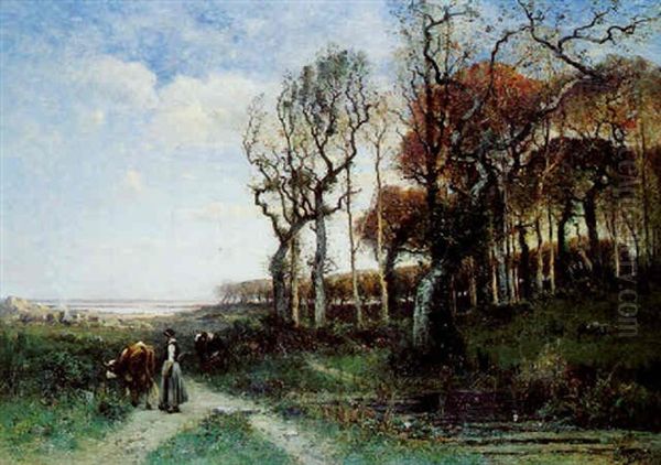 Bergere Et Son Troupeau En Lisiere De Foret Oil Painting by Louis Aime Japy