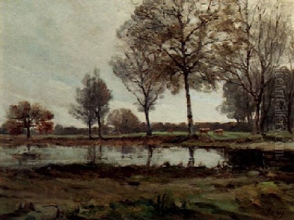 Cattle Grazing By A Lake Oil Painting by Louis Aime Japy