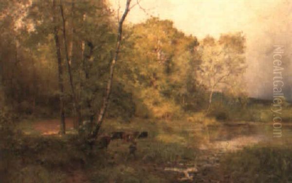 Landscape With Cattle Watering By A Lake Oil Painting by Louis Aime Japy