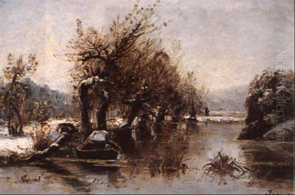 Bord De Riviere Sous La Neige Oil Painting by Louis Aime Japy