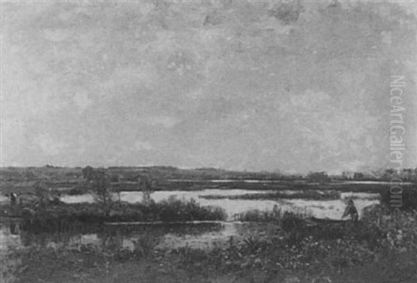 Figures In An Extensive Marsh Landscape Oil Painting by Louis Aime Japy