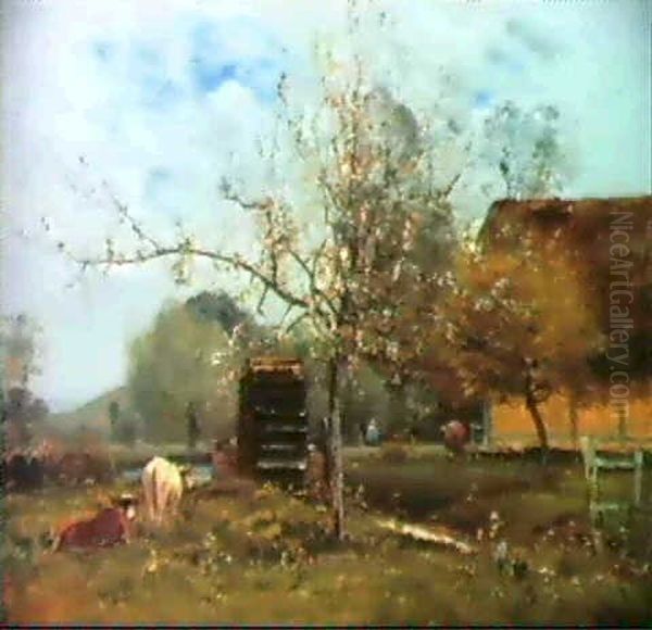 Kuhe Unter Bluhendern Baumen Oil Painting by Louis Aime Japy