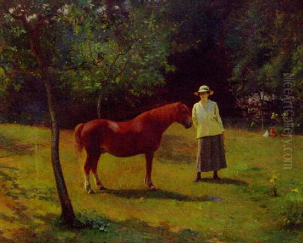 Portrait Of A Lady, Standing In An Orchard With A Pony Oil Painting by Henry Thomas Jarman