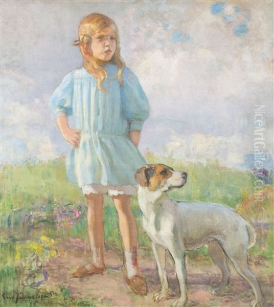 Girl With A Dog Oil Painting by Eero Jaernefelt