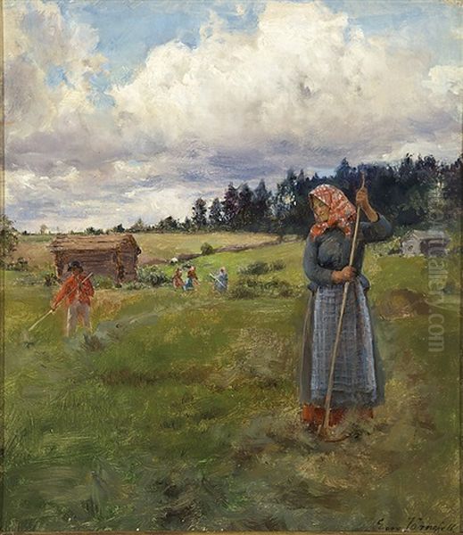 Haymaking On The Yard Of Kerppola Oil Painting by Eero Jaernefelt