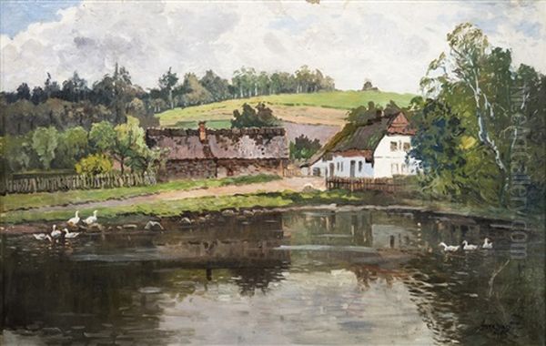 A House By A Pond Oil Painting by Petr Jaros