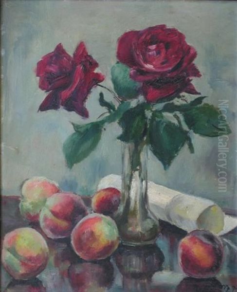 Nature Morte Aux Peches Et Roses Oil Painting by Romain Jarosz