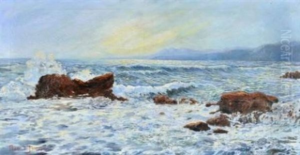 Vagues Sur Les Rochers Rouges Oil Painting by Thadee de Jaroszynsk