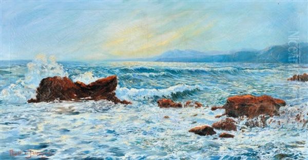 Vagues Sur Les Rochers Rouges Oil Painting by Thadee de Jaroszynsk