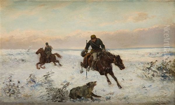 Hunting Oil Painting by Jozef Jaroszynski