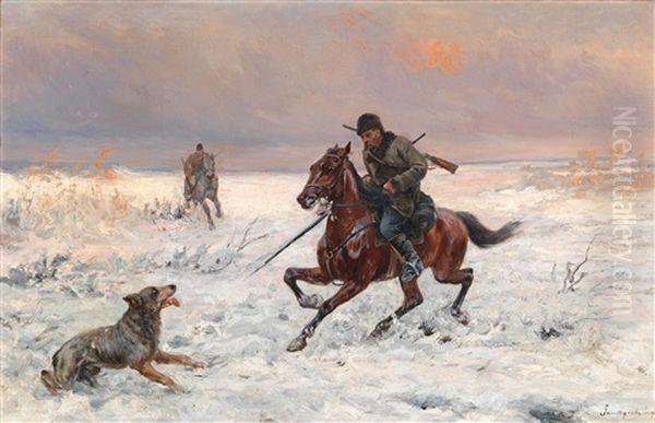 Winter Hunt Oil Painting by Jozef Jaroszynski