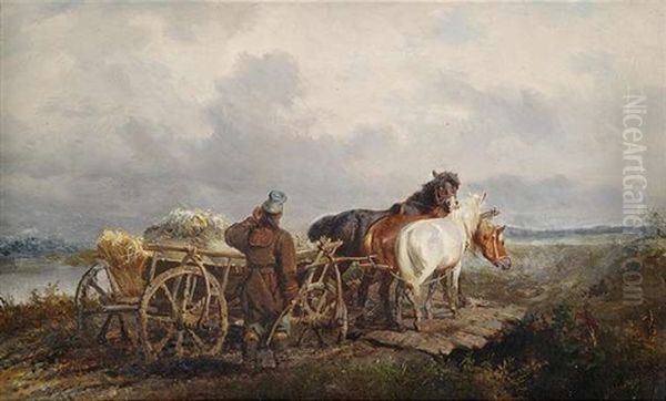 Bauer Mit Erntewagen Auf Dem Heimweg Oil Painting by Jozef Jaroszynski