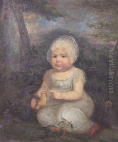 Portrait Of A Baby In White Cap, Dress And Red Shoes Oil Painting by John Wesley Jarvis