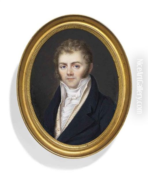 A Young Gentleman, In Blue Coat, Striped Buff Colored Waistcoat, White Shirt And Knotted White Cravat, Fair Hair And Sideburns Oil Painting by Marie-Marguerite Jaser