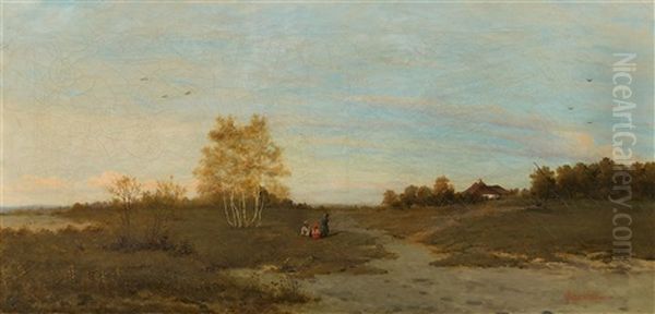 A Panoramic Landscape With Birch Trees And Three Travellers At Rest Oil Painting by Stanislaw Maksymilian Jasienski