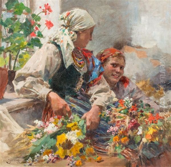 Dwie Kwiaciarki Oil Painting by Zdzislaw Jasinski