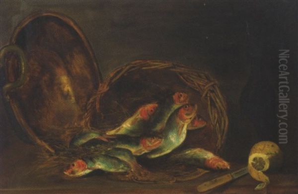 Nature Morte A La Bassine De Cuivre, Au Panier D'osier, Poissons, Citron Et Bouteille Oil Painting by Joseph Jau